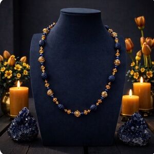 ARTISAN Wedding Cake Glass Beads, Sapphire Gemstone & Swarovski Crystal Necklace